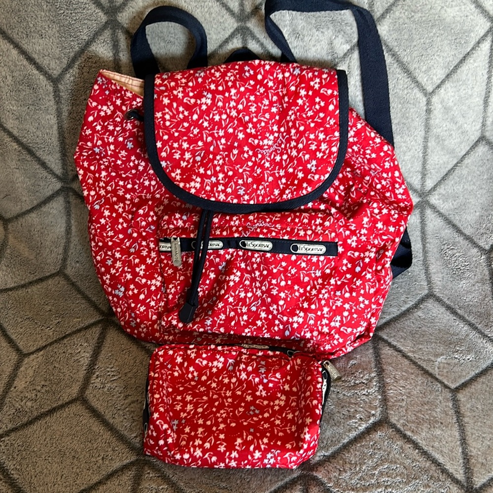LeSportSac Cute Red and blue floral medium backpack and pouch set